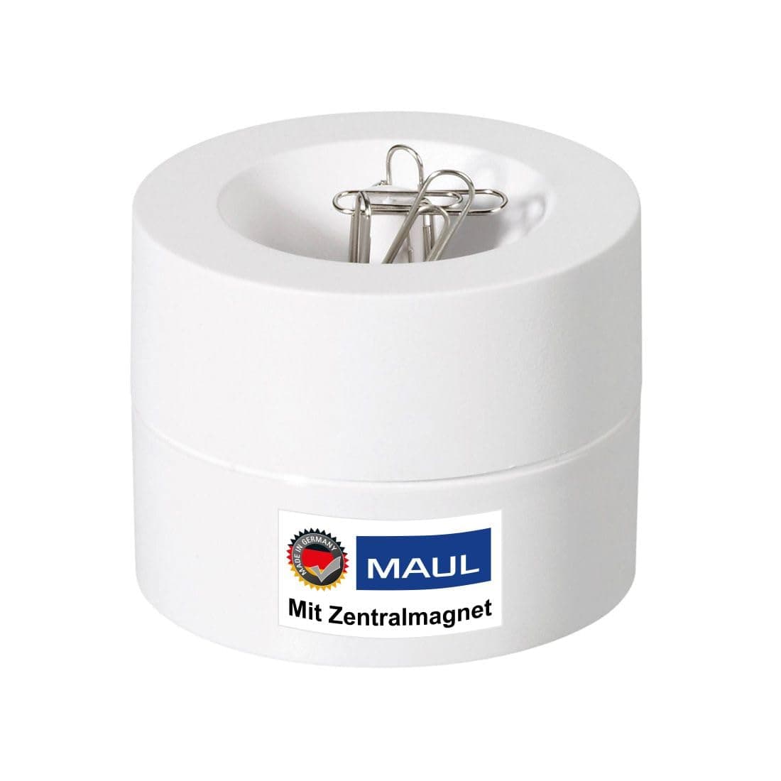 MAUL Klammernspender MAULpro | Ø7,3x6cm | Schreibtisch Organizer für Büroklammern | Schreibtisch Zubehör mit Magnet für Büro | Inklusive 15 Klammern | Stilvoller Büroklammernspender | Weiß