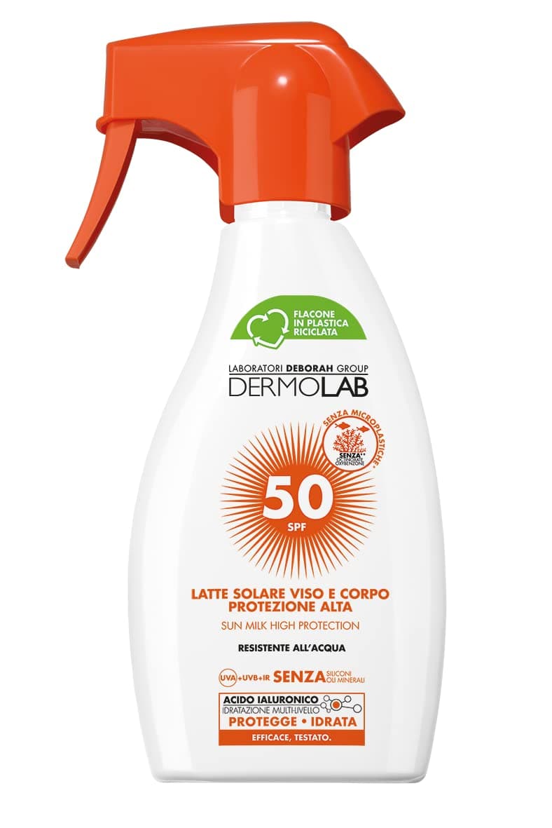Dermolab - Sonnenmilch Spray für Gesicht und Körper, hoher Schutz LSF 50, für helle und empfindliche Haut, wirkt Hautalterung und UVA-Strahlen entgegen und wasserfest, dermatologisch getestet, 250 ml
