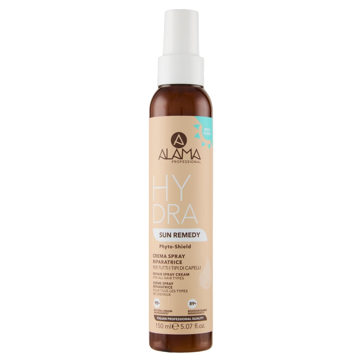 Alama Hydra Reparierende Sonnenspray-Creme für Haare, Restrukturierende und Anti-Frizz Sprühkur ohne Ausspülen mit Natürlichen UV-Filtern, 150 ml
