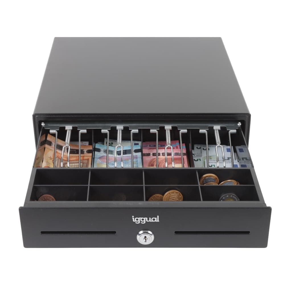iggual IRON‑XS Mini Kassenschublade, Portemonnaie, manuell oder automatisch, RJ11 (12 V), aus verstärktem Stahl und ABS-Innenraum, 4 Banknoten + 8 Münzen, kompaktes Design, 33 x 33 x 9 cm, Schwarz.