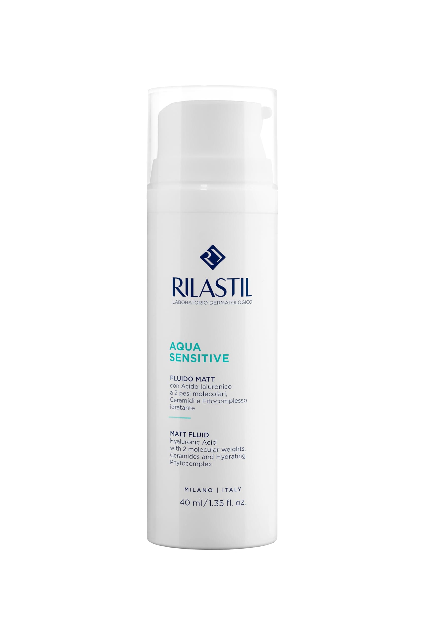 Rilastil Aqua Sensitive Mattierendes Fluid, leichte Emulsion, tägliche Feuchtigkeitspflege für empfindliche und trockene Haut, mit Hyaluronsäure, 40 ml