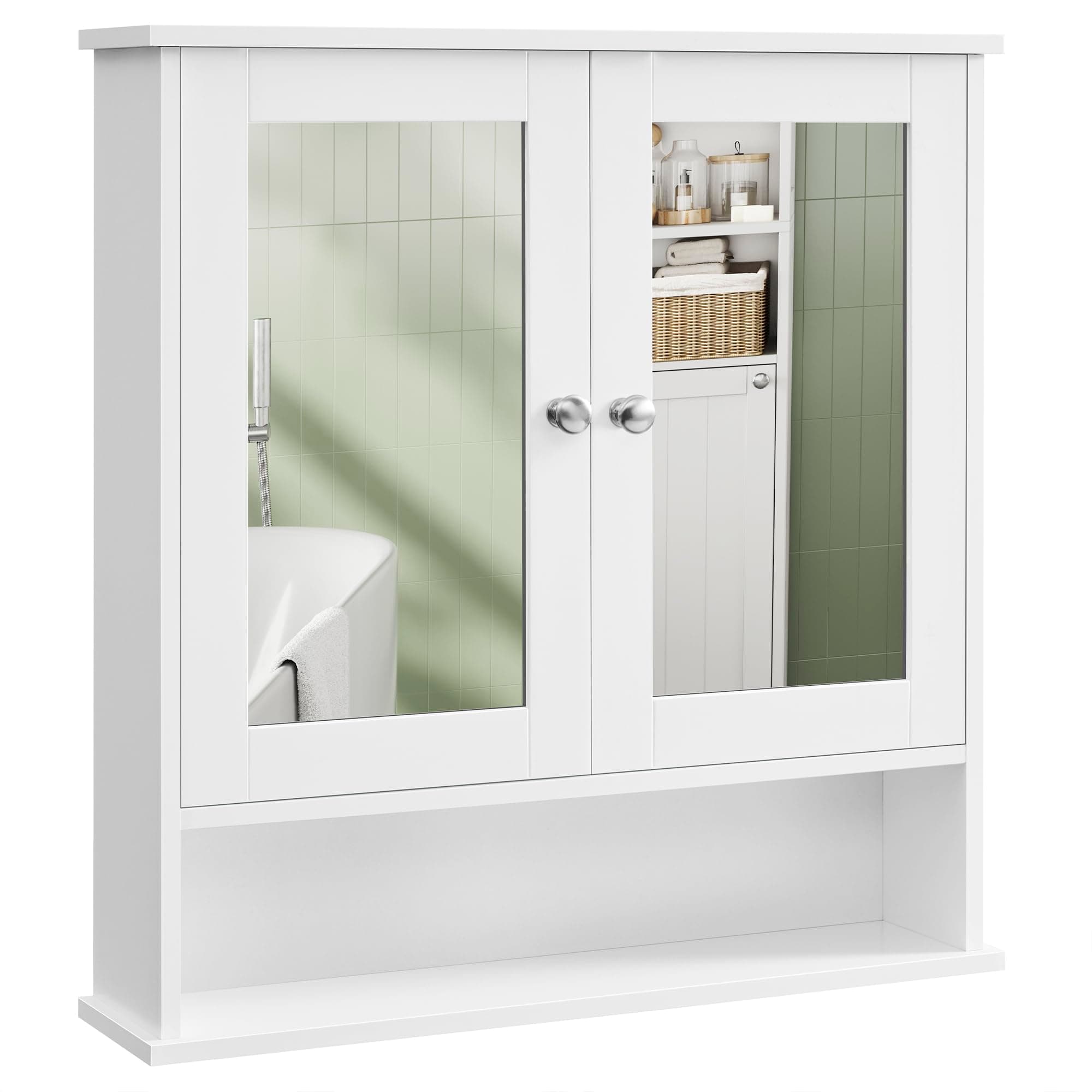 VASAGLE Spiegelschrank, Badschrank, Wandschrank, Hängeschrank mit 2 Spiegeltüren und offenem Fach, verstellbare Ablage, Wandmontage, 15 x 65 x 75 cm, weiß LHC012W01