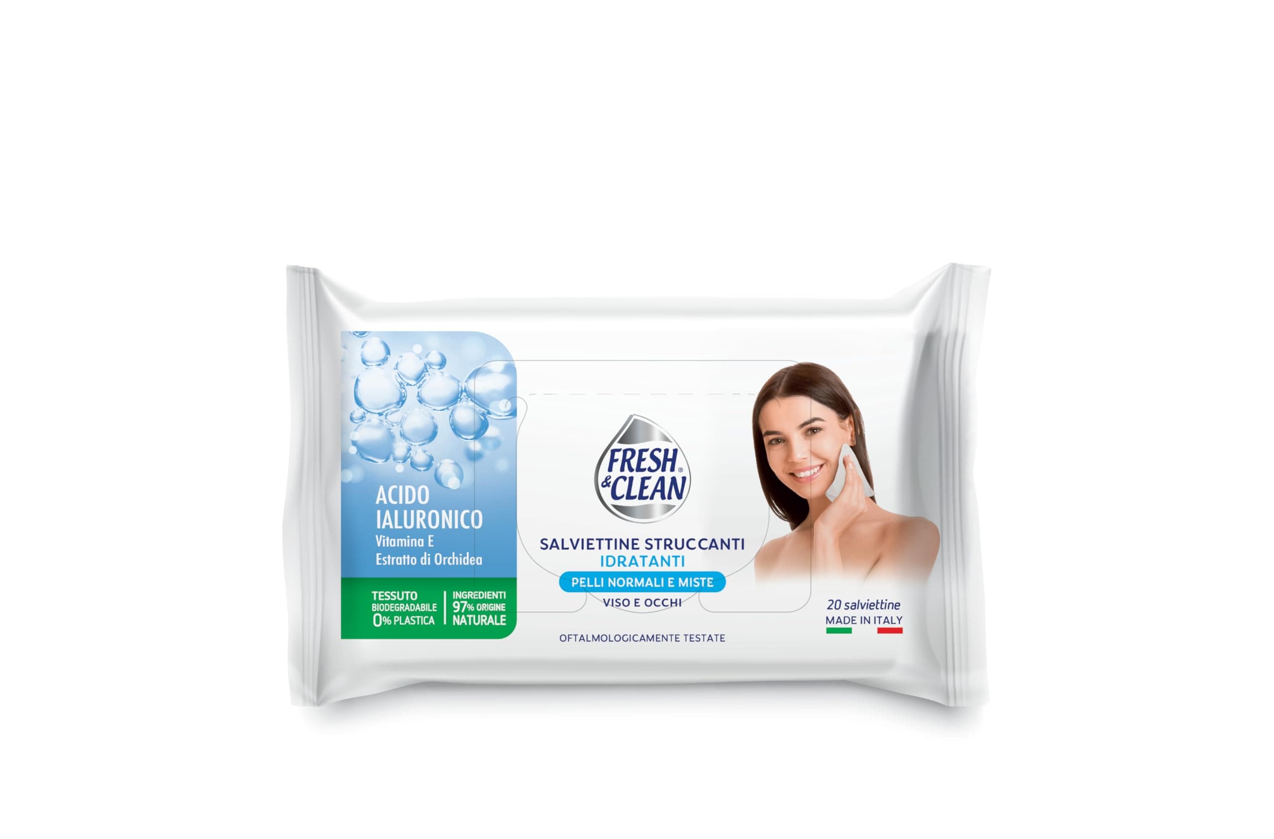 Fresh & Clean - Make-up-Entferner-Tücher, normale Haut, mit Hyaluronsäure, Stoff 100% natürlicher Herkunft, ohne Alkohol und Mineralöle, 20 Stück