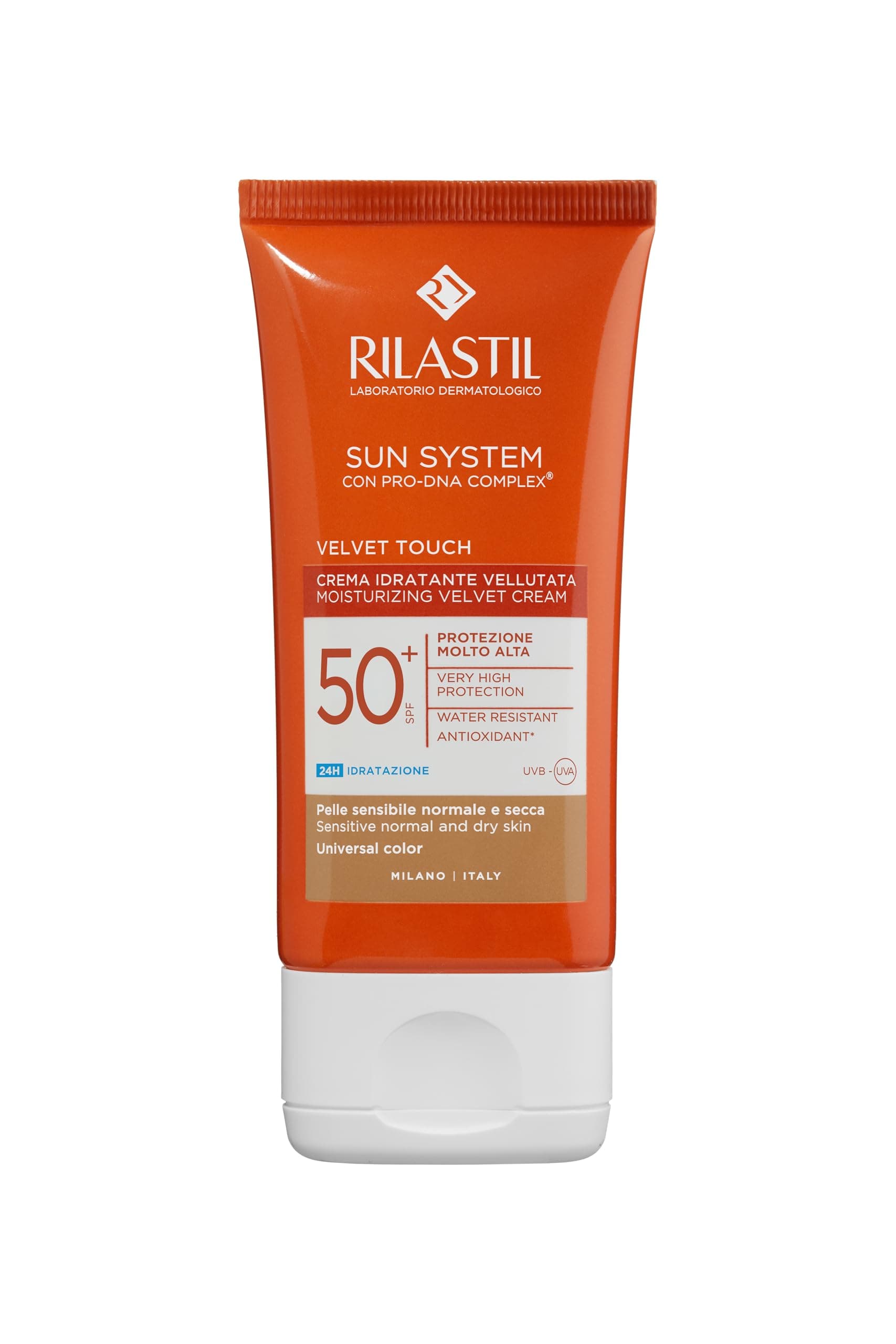 Rilastil Velvet Touch 50+ Samtige Feuchtigkeitscreme, getönte Gesichts-Sonnencreme, Universalton, 50 ml