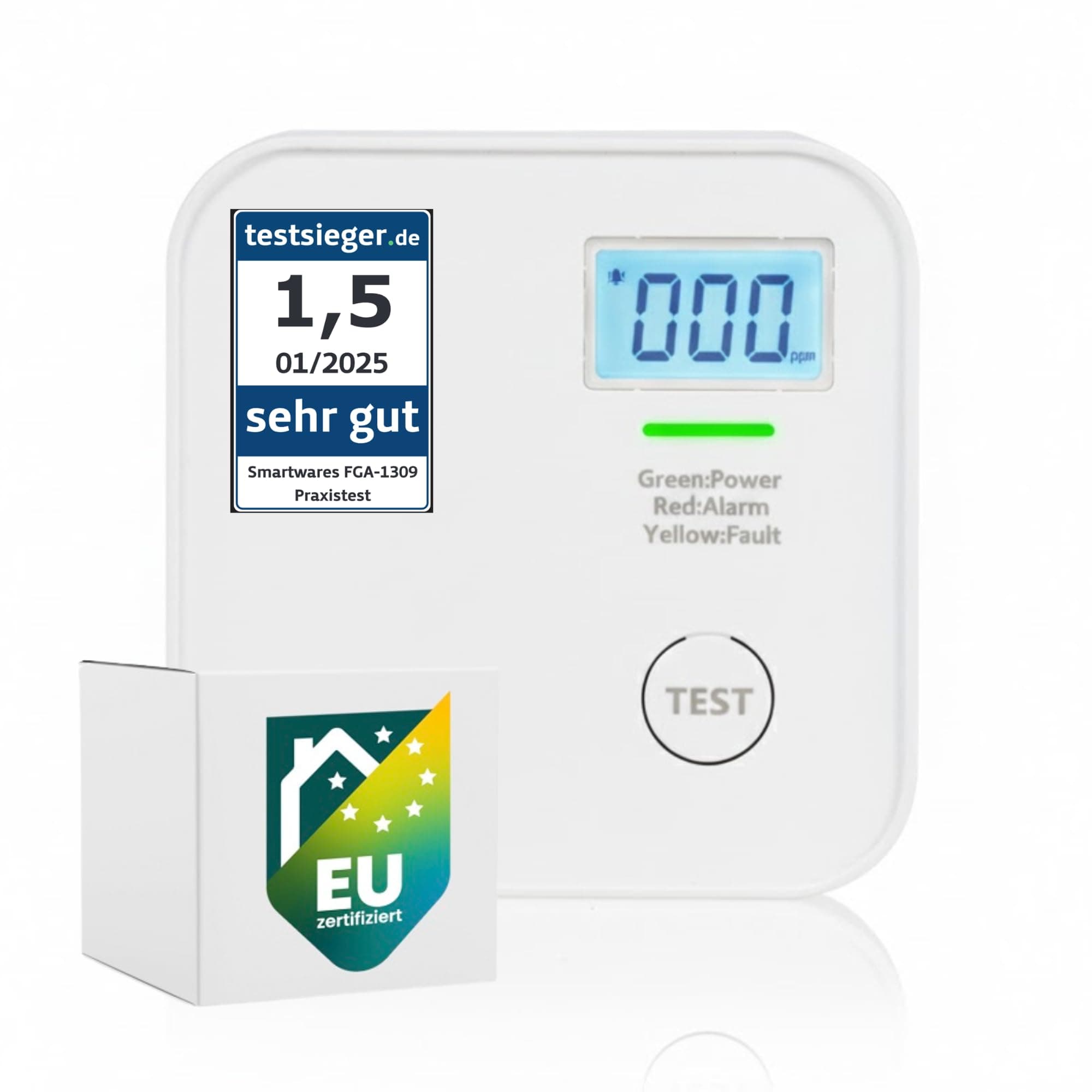 Smartwares CO-Melder - 10-Jahres-Batterie - 10 Jahre Lebensdauer - LED-Bildschirm & Anzeige - Testknopf - FGA-13091