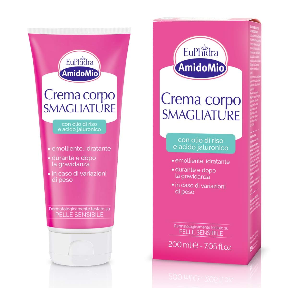 Euphidra – AmidoMio Körpercreme gegen Dehnungsstreifen, feuchtigkeitsspendende Wirkung mit Reisöl und Hyaluronsäure, beugt der Bildung von Dehnungsstreifen vor, Flasche 200 ml