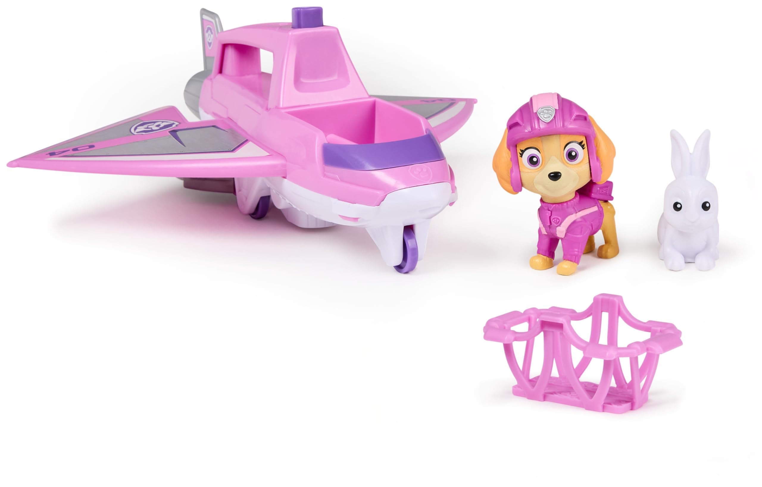 PAW PATROL Air Rescue - Skyes Rettungsflugzeug mit einziehbarer Klaue und Rettungskorb, mit Skye Spielfigur und Hase (Basis Fahrzeug), Spielzeug für Kinder ab 3 Jahren