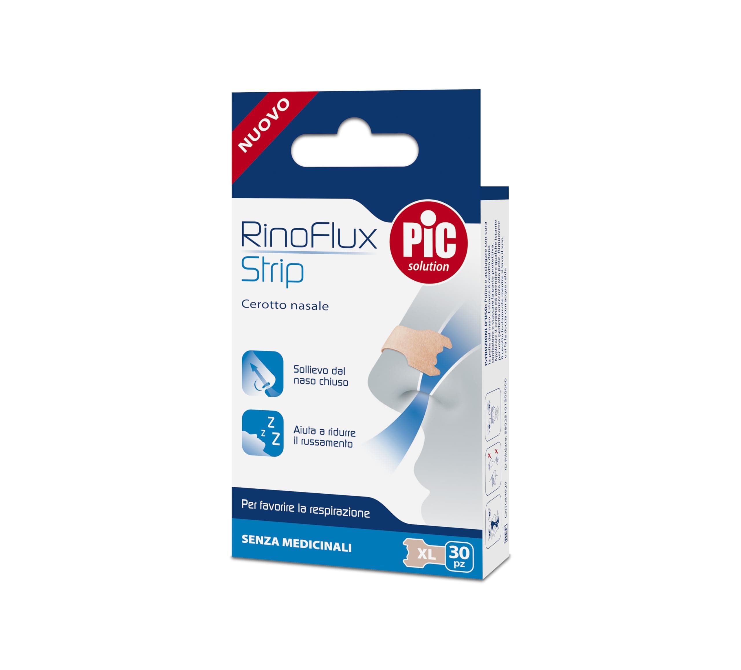 Pic Solution RinoFlux Strip Nasenpflaster atmen gut, erleichtern das Atmen, sofortige Linderung bei verstopften Nasen, Packung mit 30 Stück, Größe XL