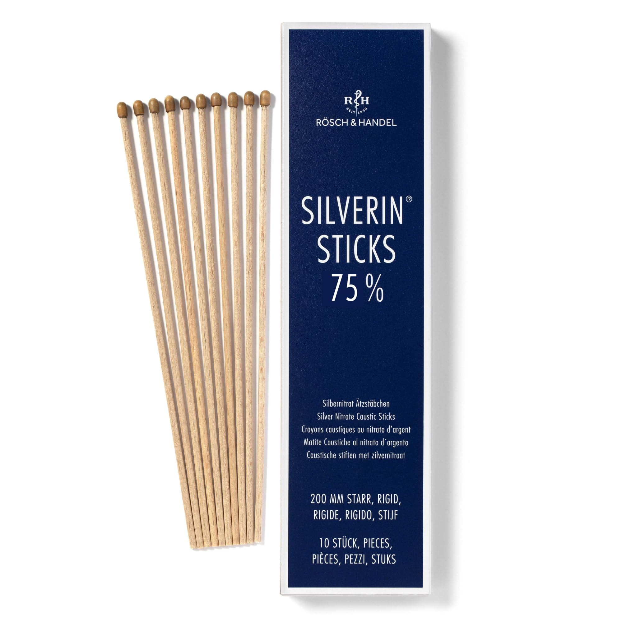 SILVERIN Silbernitrat Kaliumnitrat Ätzstäbchen | Höllenstein Ätzstift | Lapis Stäbchen | 10 Stk. | 75% | bei Warzen, Wildfleisch zB Piercings, Aphten, Blutstillung, Stomatitis | 200 mm | starr