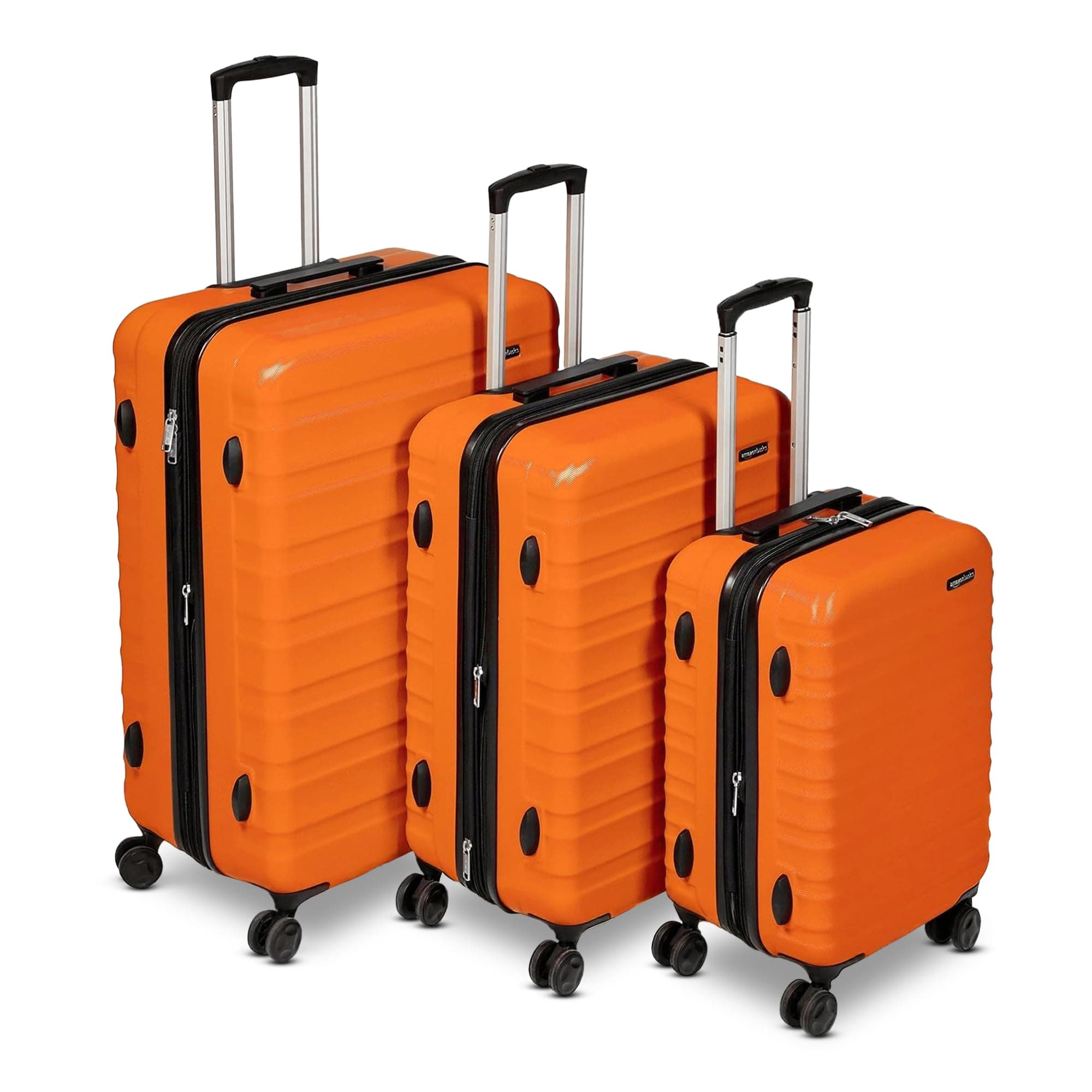 Amazon Basics Hartschalen-Koffer-Set (Klein + Mittel + Groß) - Erweiterbares ABS-Reisegepäck mit 4 Doppel-Spinnerrädern - Kratzfest und Leicht - Gebranntes Orange