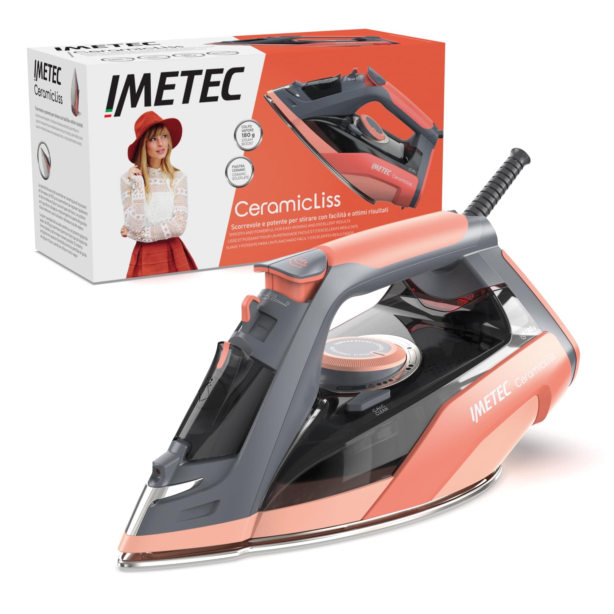 Imetec Ceramicliss Dampfbügeleisen, Vierfach-Anti-Kalkschutz, Dampfstoß 180 g, gleitfähige Keramik-Bügelsohle, 2400 W, Tropfschutz-System, ergonomischer Griff, Energieeinsparung