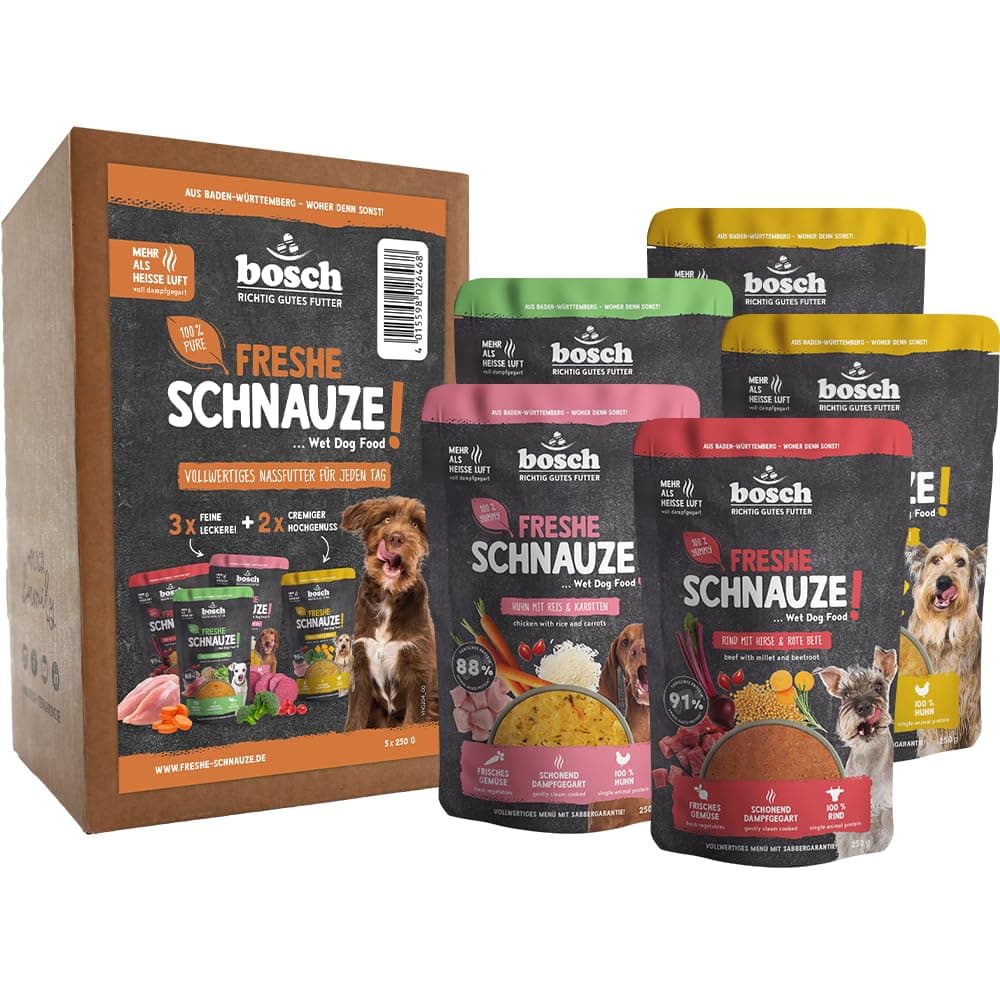 Bosch Freshe Schnauze, Aktionspaket Nassfutter 5 x 250 g, Schonend Dampfgegartes Alleinfuttermittel für Hunde, Geschmacksrichtungen: Rind, Huhn und Pute, Probierpaket, Nassfutter für Hunde