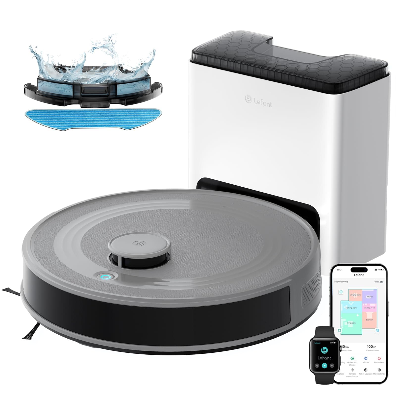 Lefant M2S Plus Staubsaugerroboter mit Absaugstation, 10.000 Pa Saugleistung, Hindernisvermeidung, 240 min Laufzeit, ideal für Tierhaare, Teppiche & Hartböden, kompatibel mit Alexa/App, Grau