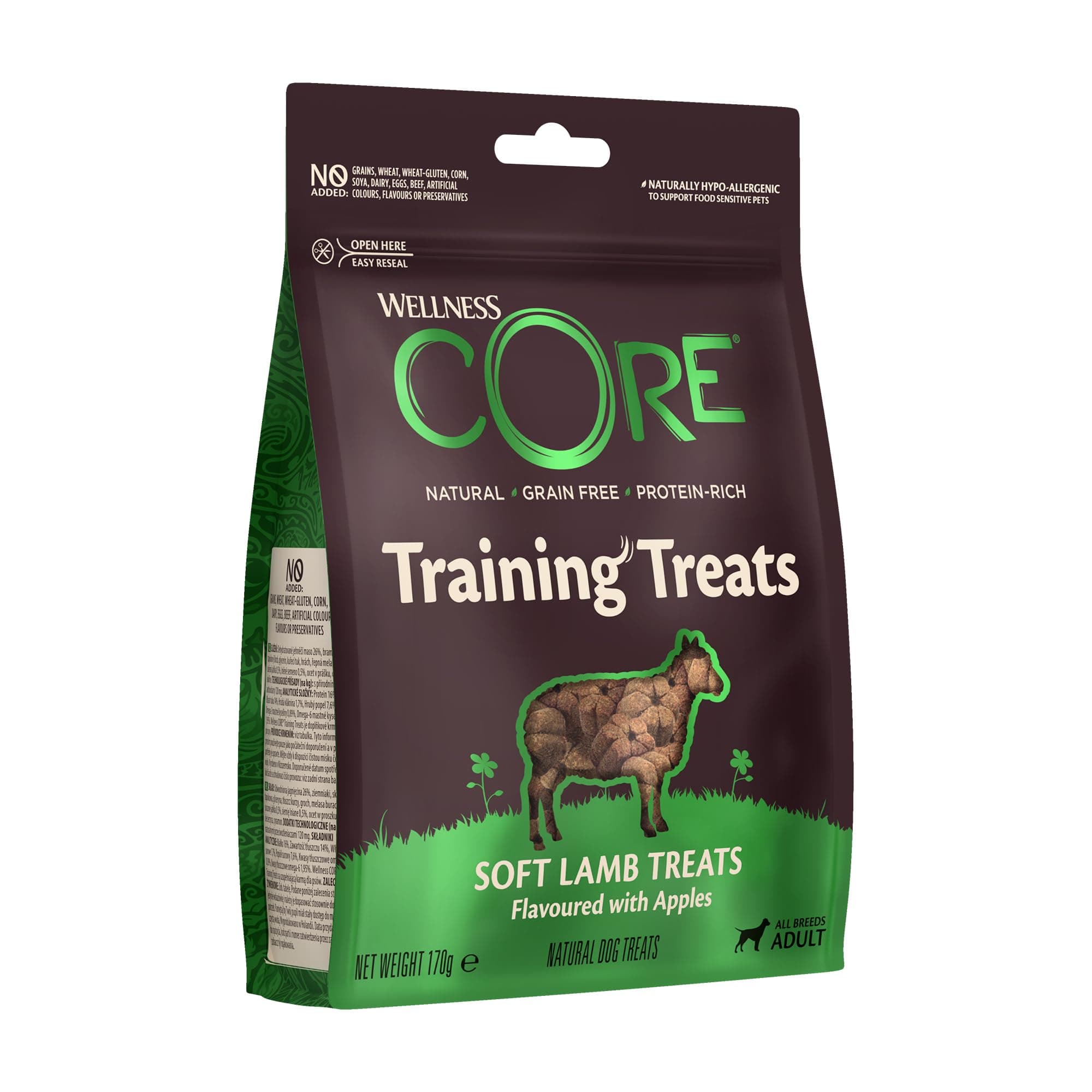 Wellness CORE Training Treats 170g, Lamm & Apfel – sanfte Hundeleckerli für alle Hunderassen, getreidefrei, natürlich, hypoallergen, proteinreich, hoher Fleischanteil, ideale Größe für das Training