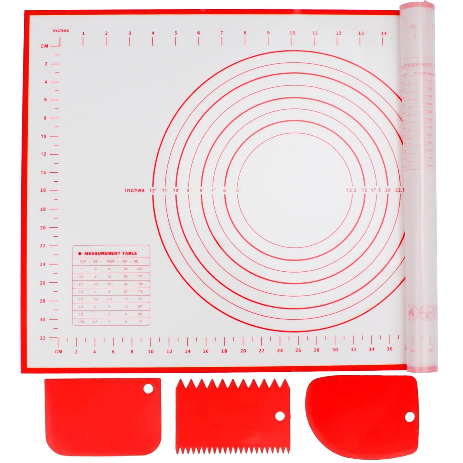 Alyvisun Silikon Backmatte mit 3 Teigschaber, 60x40 cm Backzubehör Antihafte Backunterlage mit Messung Rutschfeste Silikonmatte Wiederverwendbar Backblech für Fondant, Pizza, Teig