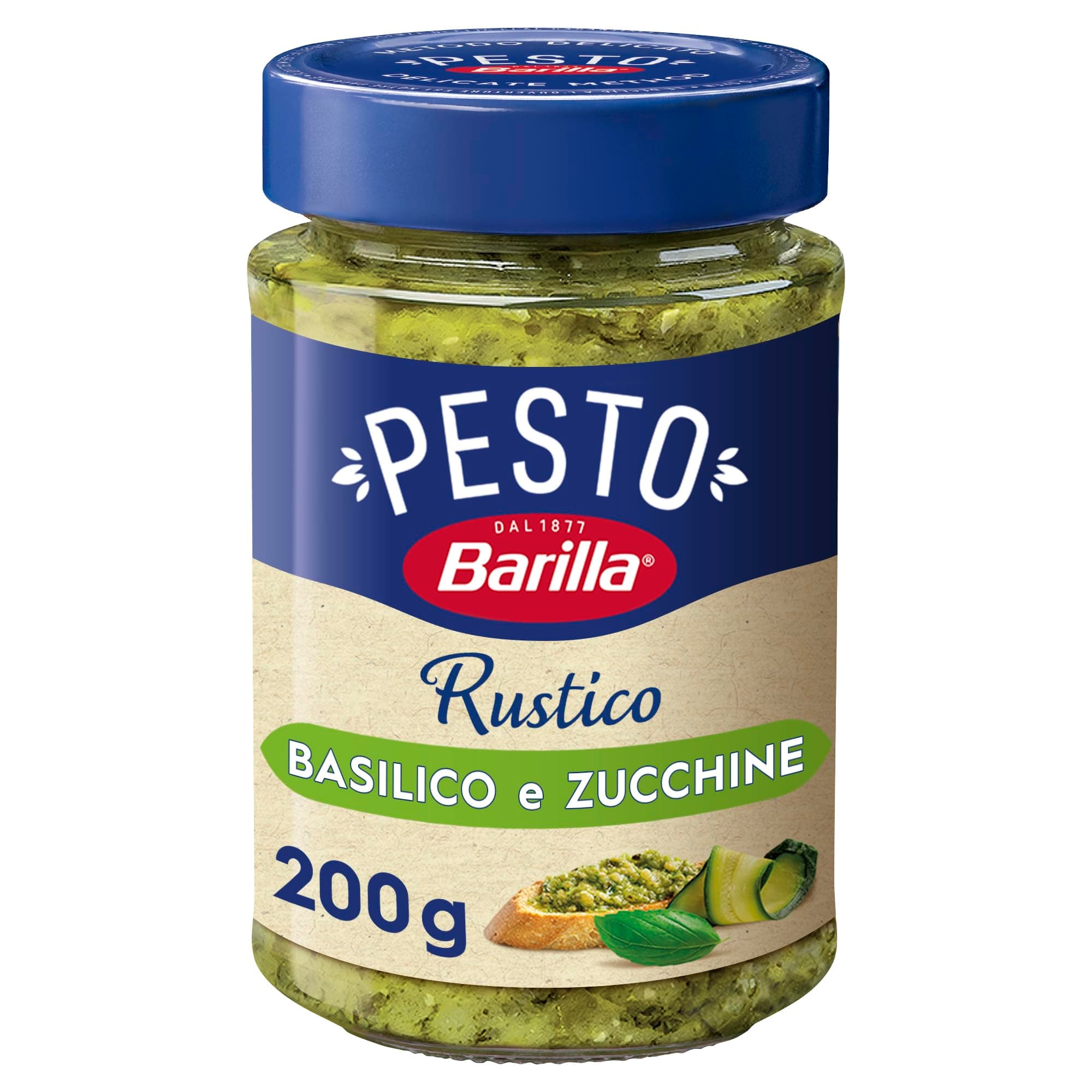 Barilla Pesto Rustico Basilico & Zucchine 1 x 200g | Glutenfreie Italienische Pasta-Sauce mit Basilikum und Zucchini, vegane / vegetarische Nudel-Soße, grünes Pesto