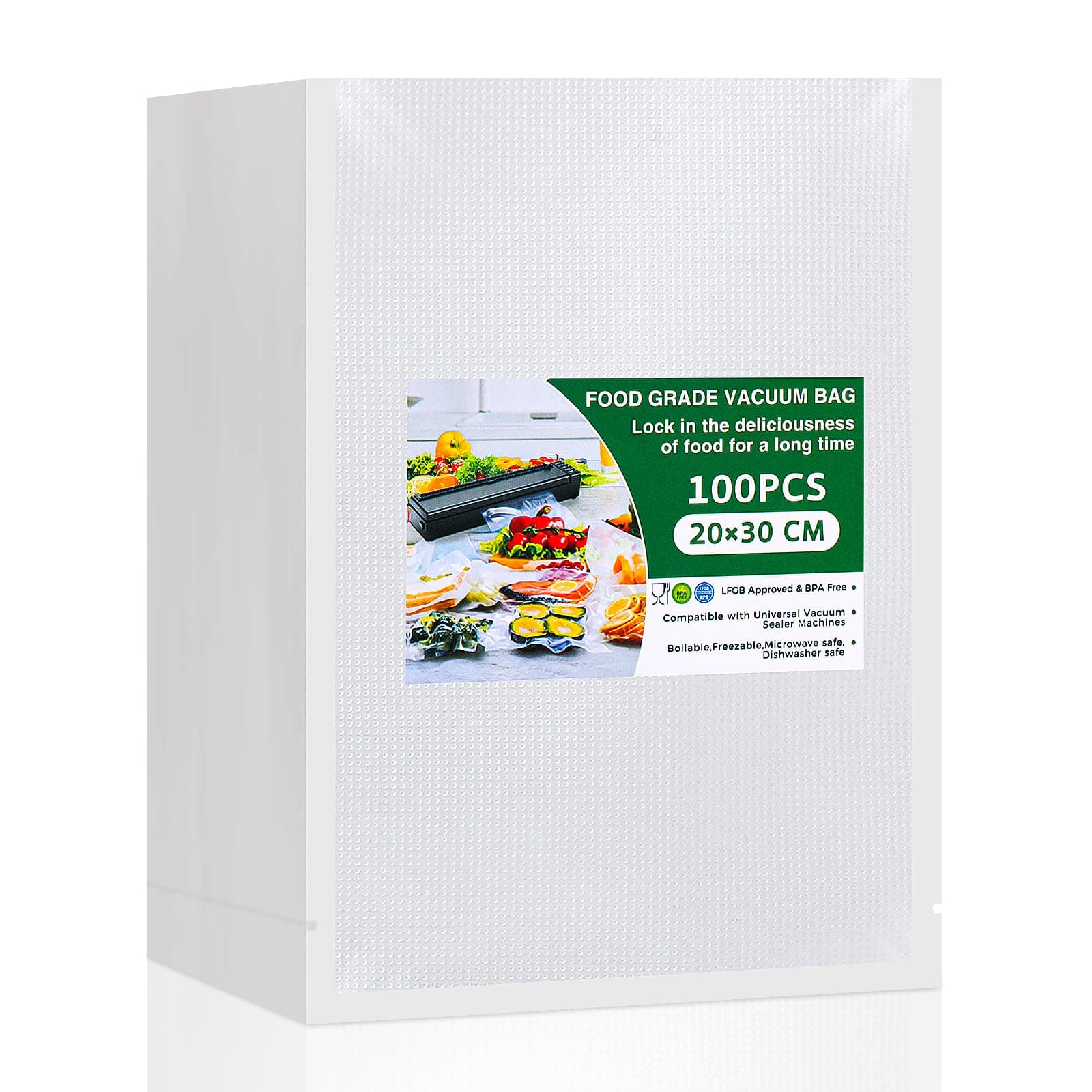 Vinabo Vakuumbeutel für Lebensmittel, 20 x 30 cm, 100 Beutel, zum Vakuumgaren und zur Aufbewahrung von Lebensmitteln, geprägte Vakuumbeutel, geeignet für alle Vakuummaschinen