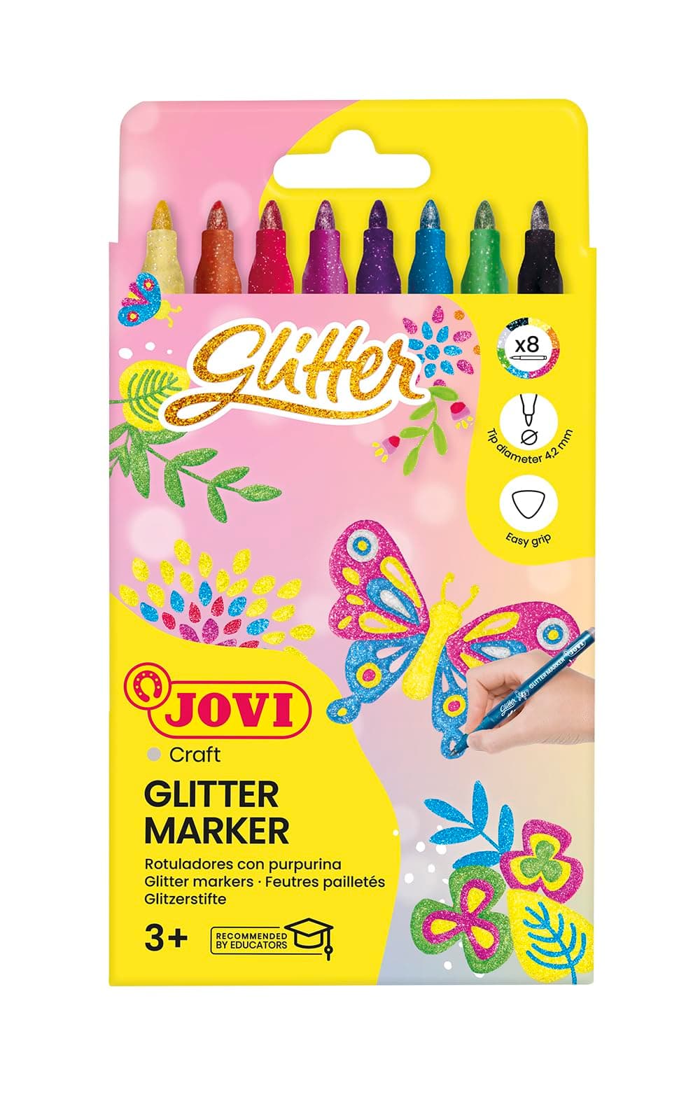 Jovi Filzstifte in Glitzer-Farben, Strichbreite: 3,0 mm, auswaschbar, eindrücksichere Spitze, Set mit 8 Farben, sortiert