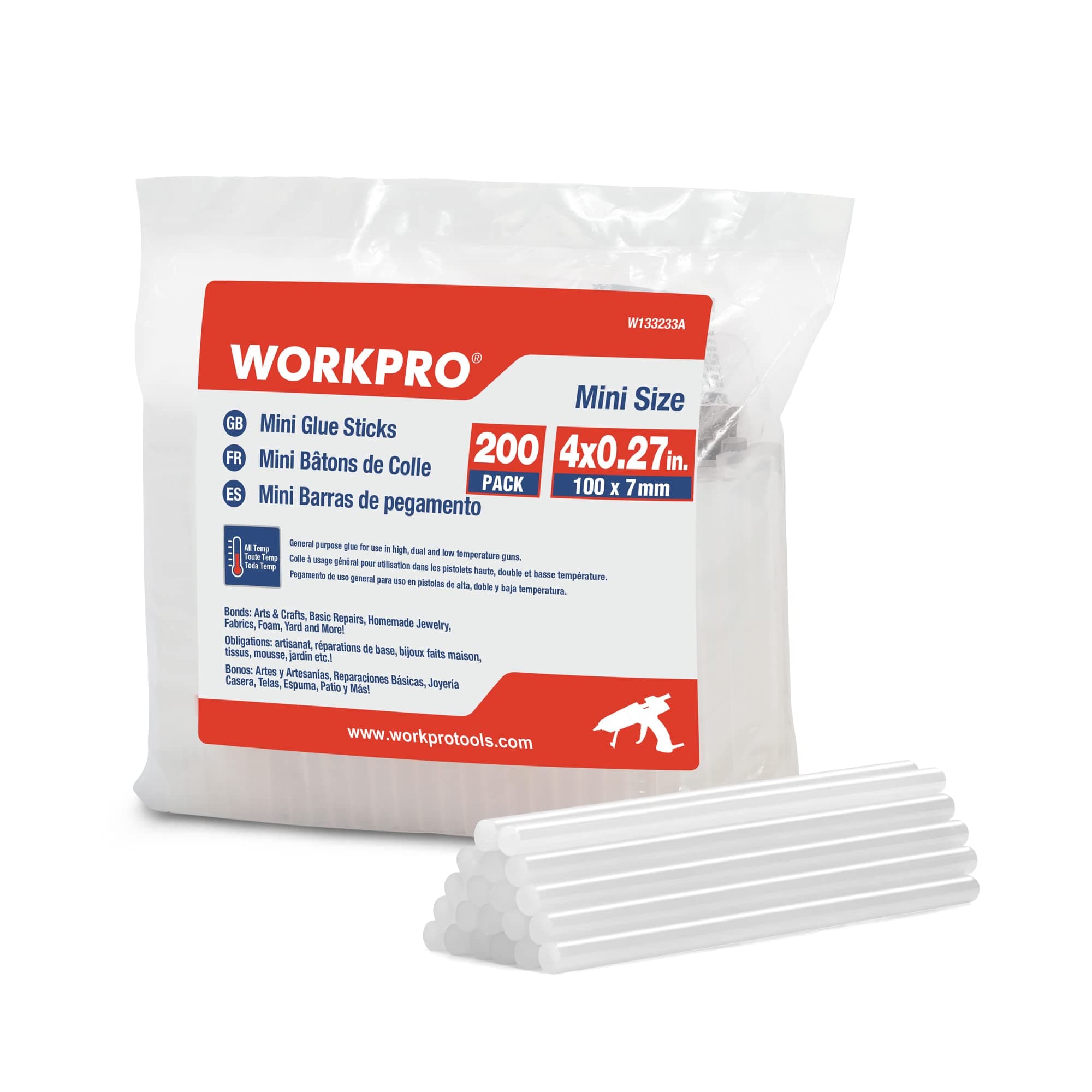 WORKPRO Mini Klebesticks | 200 Stück, 7 x 100 mm | transparente Heißklebestifte Set 760g für gängige Hießklebepistole, Heißklebe-Patronen für Heimwerken Reparieren Dekorieren