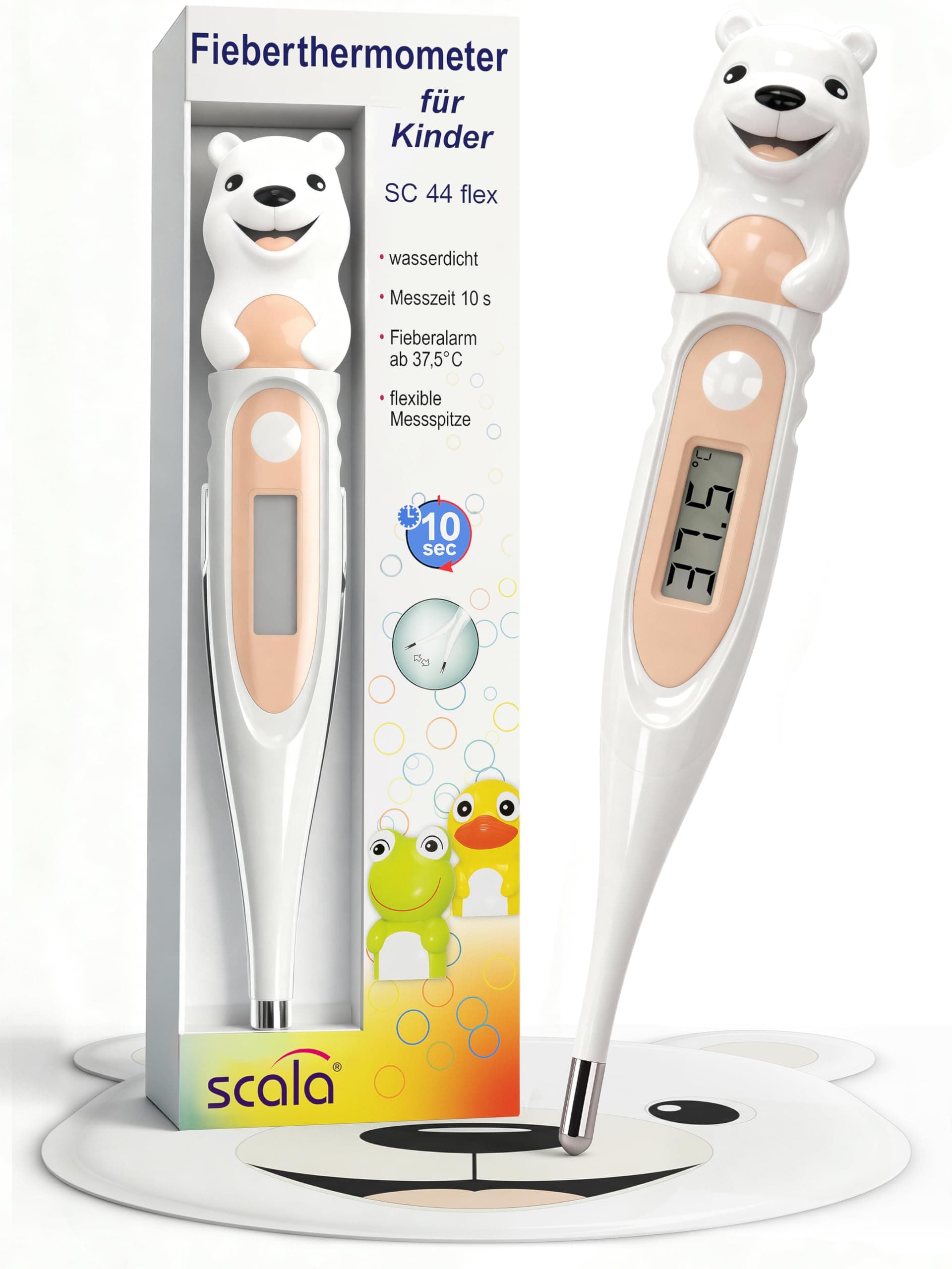 scala SC 44 flex Digitales Fieberthermometer Baby & Kinder – 10 Sek. Messzeit, flexible Spitze, Fieberalarm, wasserdicht – oral, rektal & axillar – Eisbär Motiv