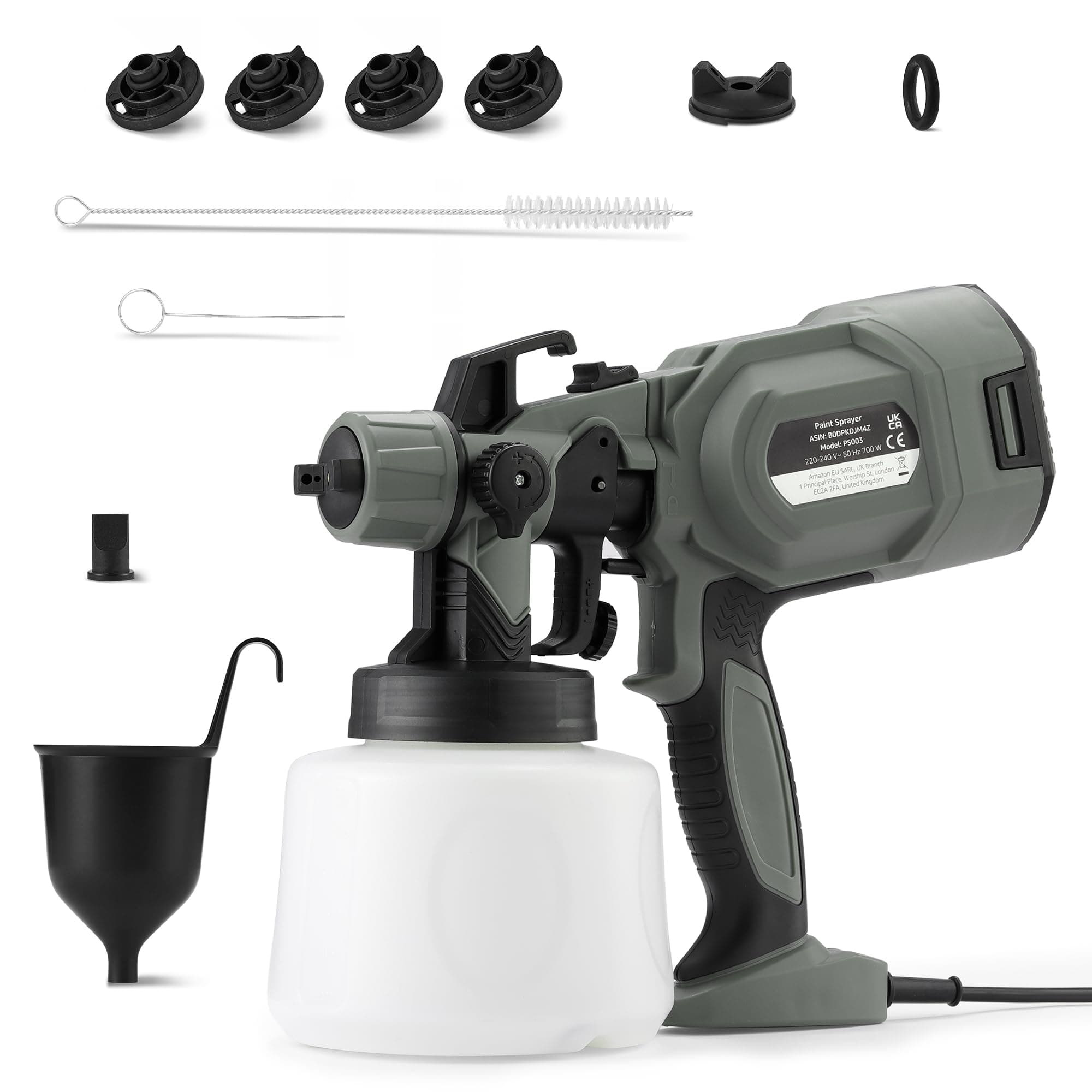 Amazon Basics Elektrische Spritzpistole 700W mit 1.200ml Behälter, 4 Düsen und 3 Sprühmuster, für Innen und Außenbereich, Grau