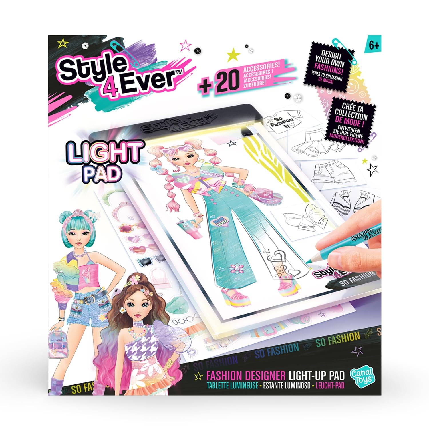 C Toys Leuchttafel – Modus mit Kreativ-Set – LED-Zeichentisch mit Bleistiften, Schablonen und Aufklebern – Design-Set Kleidung mit Zubehör für Kinder