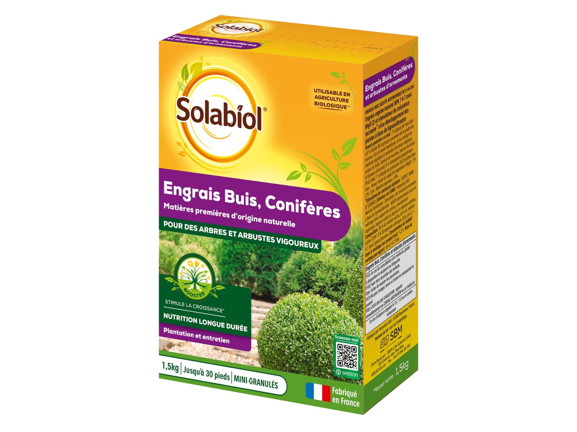 SOLABIOL ENGRAIS BUIS, CONIFERES ET ARBUSTES D ORNEMENT ETUI 1,5 KG SOCONY15