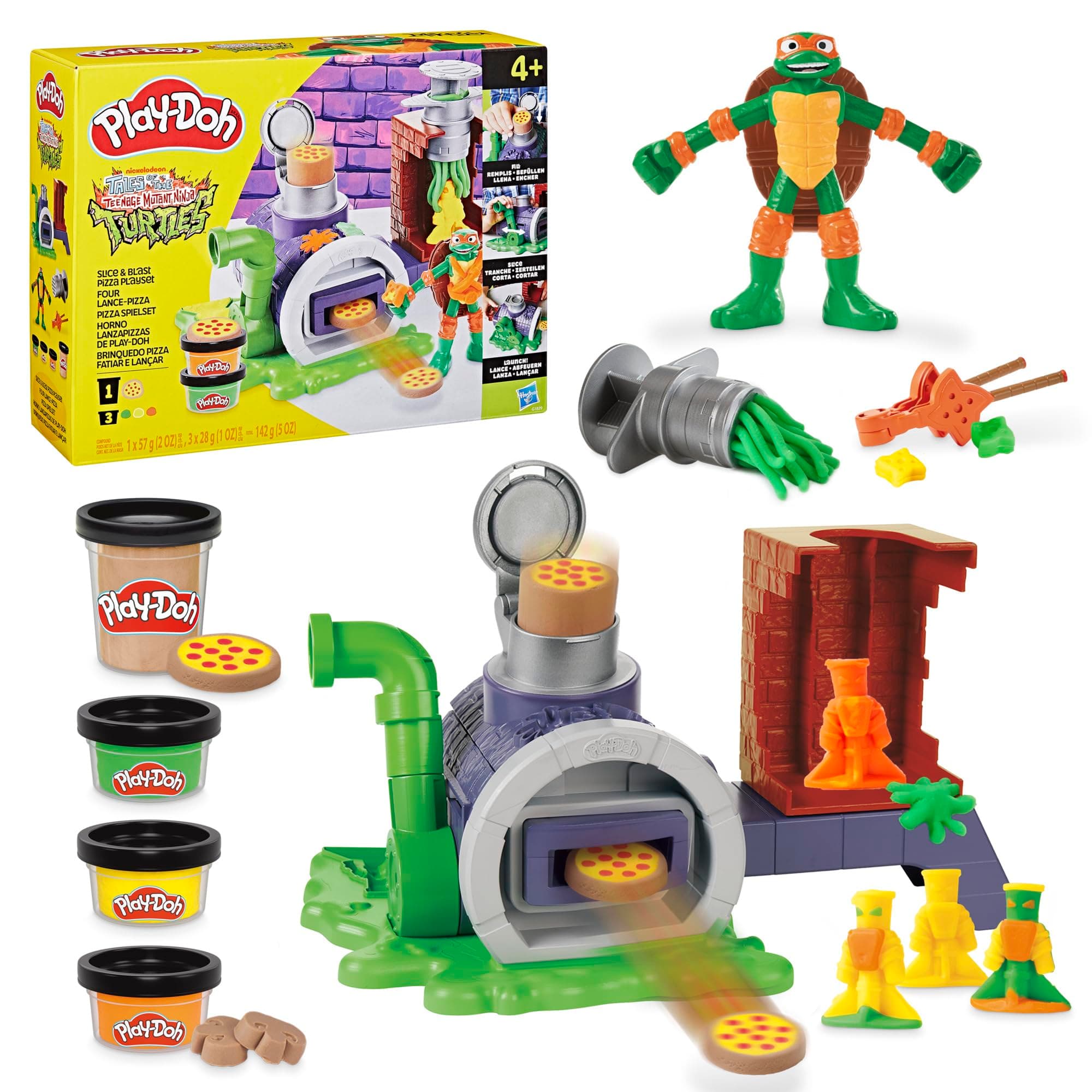 Play-Doh Teenage Mutant Ninja Turtles Pizza Spielset mit Pizzaofen, 4 Dosen Knete und Action-Figur, Bastel-Set für Kinder ab 4 Jahren zum kreativen Kochen, Formen und Gestalten