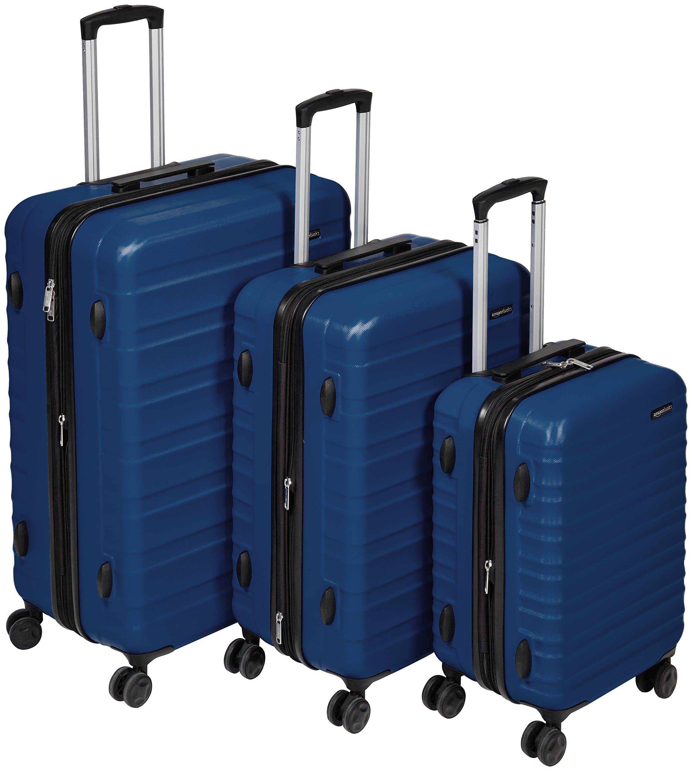 Amazon Basics Hartschalen-Koffer-Set (Klein + Mittel + Groß) - Erweiterbares ABS-Reisegepäck mit 4 Doppel-Spinnerrädern - Kratzfest und Leicht - Marineblau