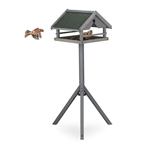 Relaxdays Vogelfutterhaus mit Ständer, wetterfestes Dach, Holz Vogelhaus, HBT: 120x62x55 cm, Futterhaus Wildvögel, grau