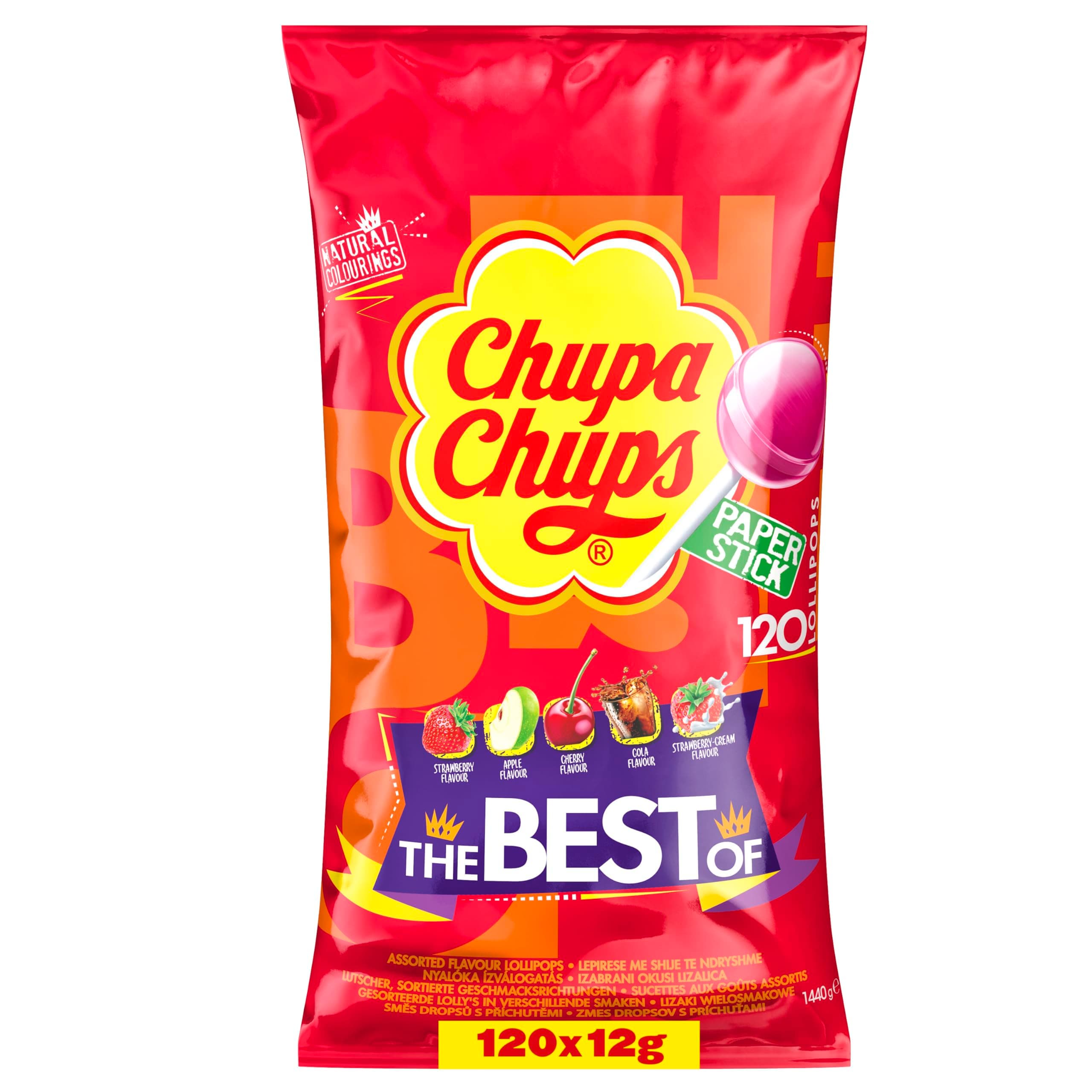 Chupa Chups The Best of Lollipop, Beutel enthält 120 Lollis in 5 Geschmacksrichtungen Cola, Erdbeere, Kirsch, Apfel, geeignet für Geburtstag